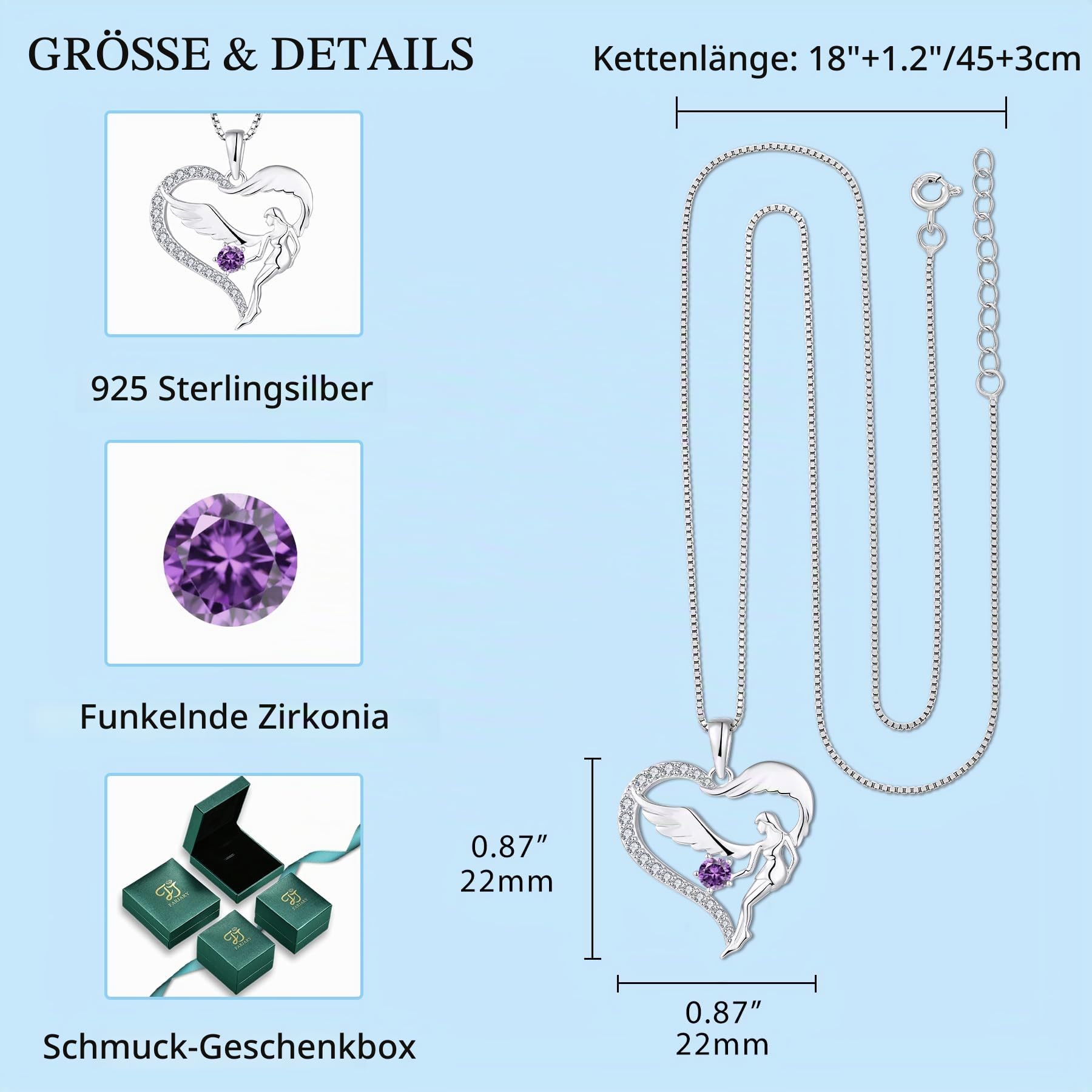 FJ Herz Schutzengel Halskette Damen 925 Sterling Silber Engelsflügel Kette Anhänger Geburtsstein Zirkonia Halskette Schmuck Geschenke für Frauen Mädchen