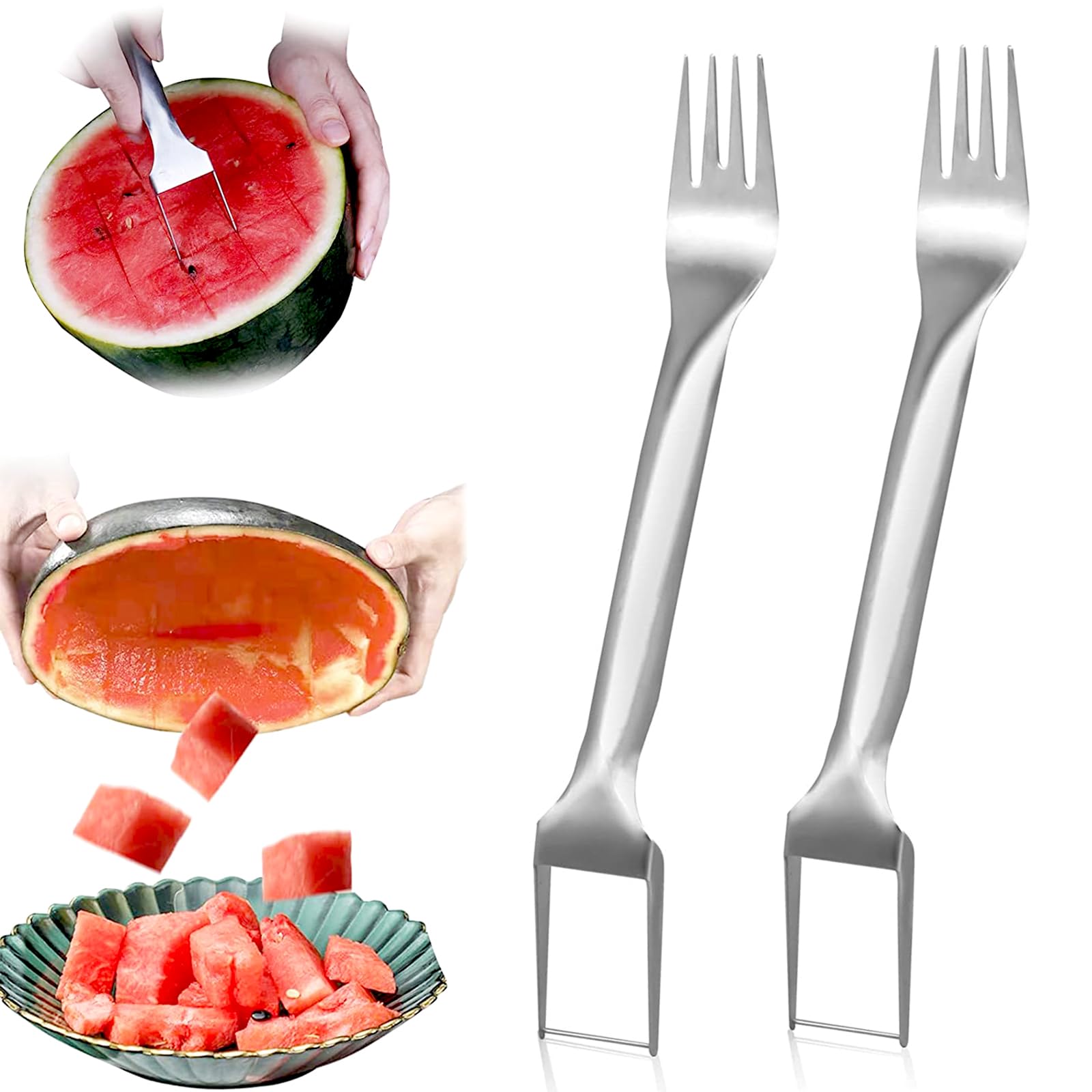 Watermelon Fork Slicer Cutter, Watermelon Cutter slicer tool, Portable Dual Head Stainless Steel Fruit Forks Slicer Tool Kitchen Gadgets for Family Party(2PCS)