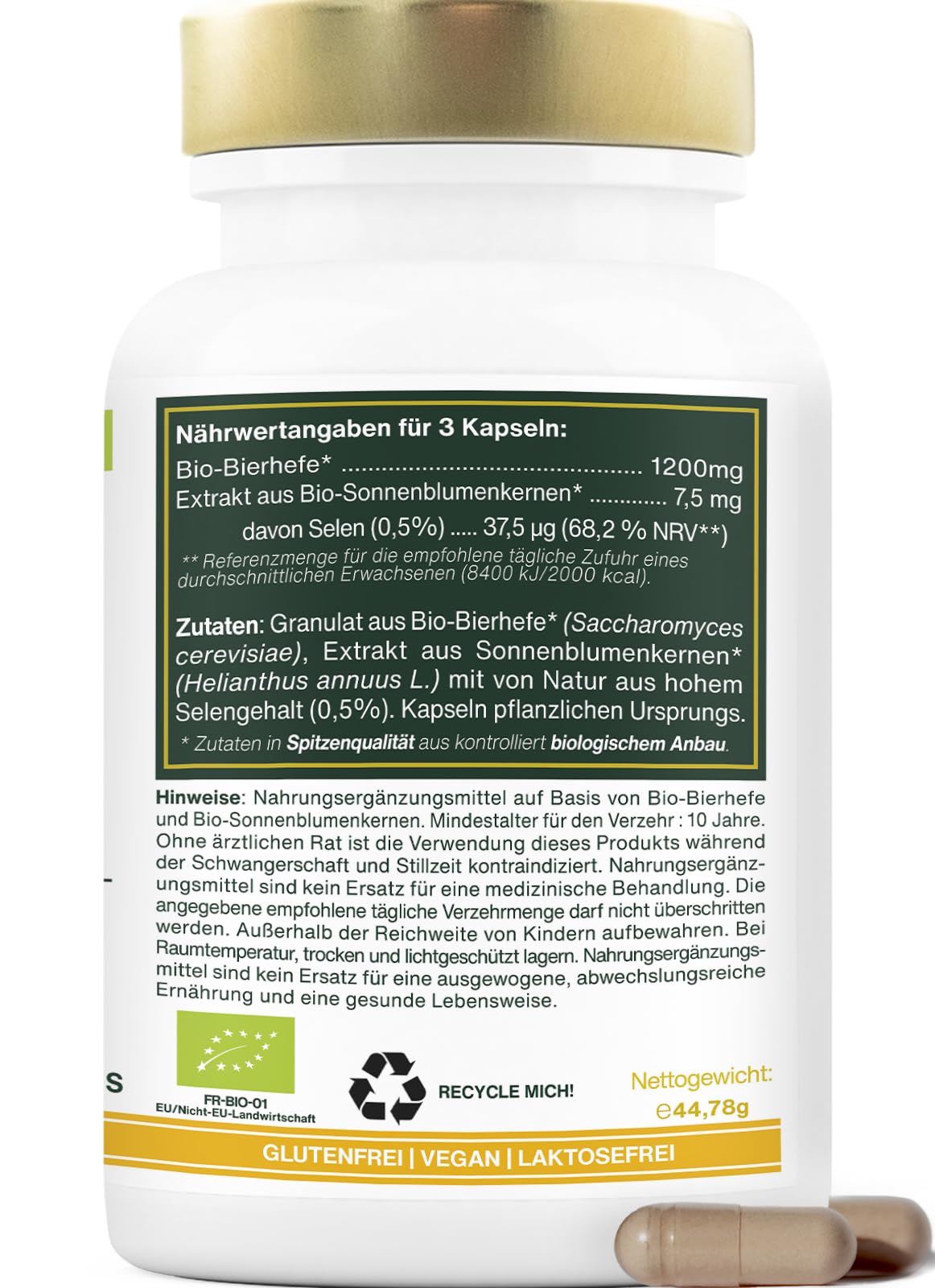 BIO-Bierhefe | Haare und Nägel | Lebendhefe, 1200mg / Tag, Glutenfrei | Angereichert mit Selen | 90 vegane Kapseln | Spitzenqualität