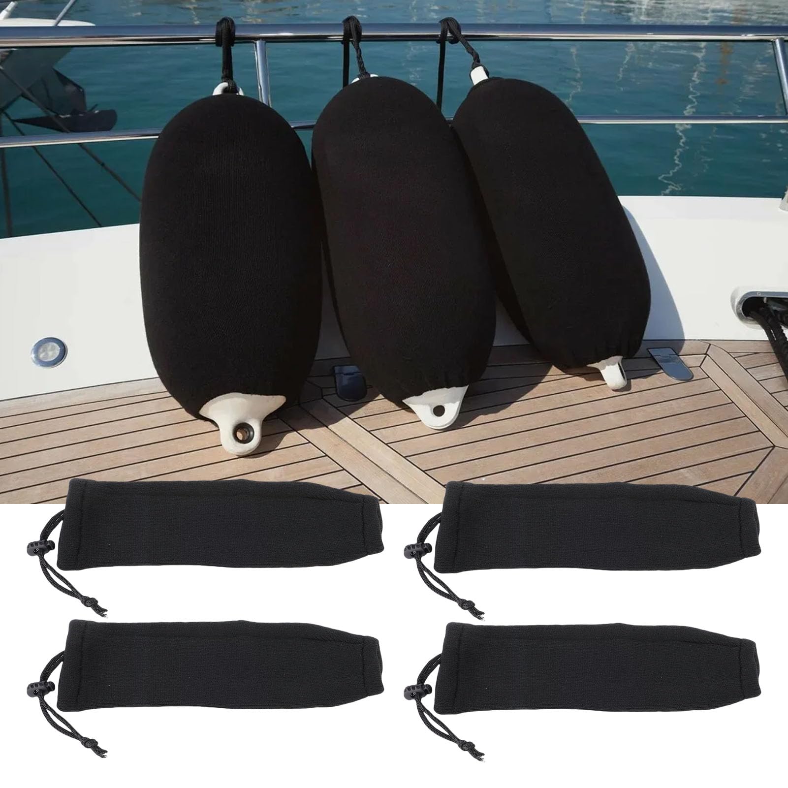 Fundas para defensas de Barco (Paquete de 4), de Fibra acrílica Negra, para defensas de Tubo de Doble Ojo y Cuerda Central, con Ajuste ceñido y protección Solar, 23 x 65 cm