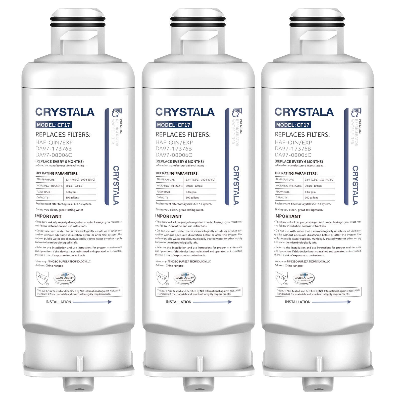 Crystala Filters DA97-17376B Replacement For Samsung Genuine DA97-08006C Refrigerator Water Filter, (HAF-QIN/EXP) 3-Pack
