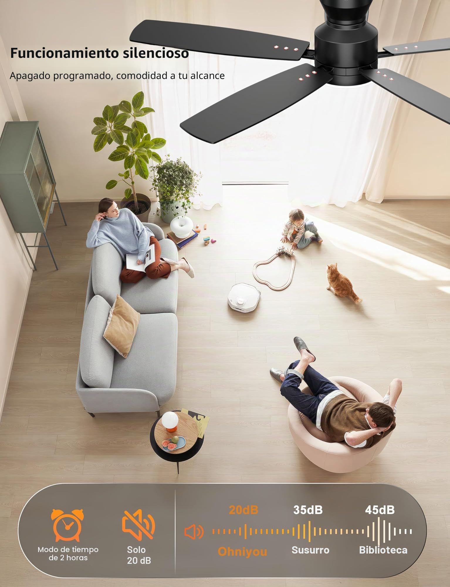Ohniyou 132 cm Ventilador de Techo con Luz Silencioso, Control Remoto/APP, Luz Regulable, Ventiladores de Techo Moderno Reversible para Dormitorio Sala de Estar Terraza Interior Exterior, Negro