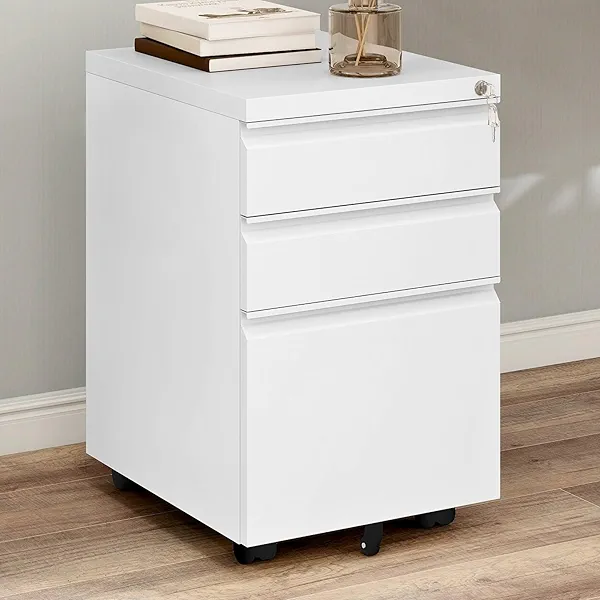 DWVO 3 Drawer File Cabinet, Mobile Filing Cabinet with Lock, Metal Filing Cabinet, Vertical File Storage for Letters/Legal/A4 Size, White