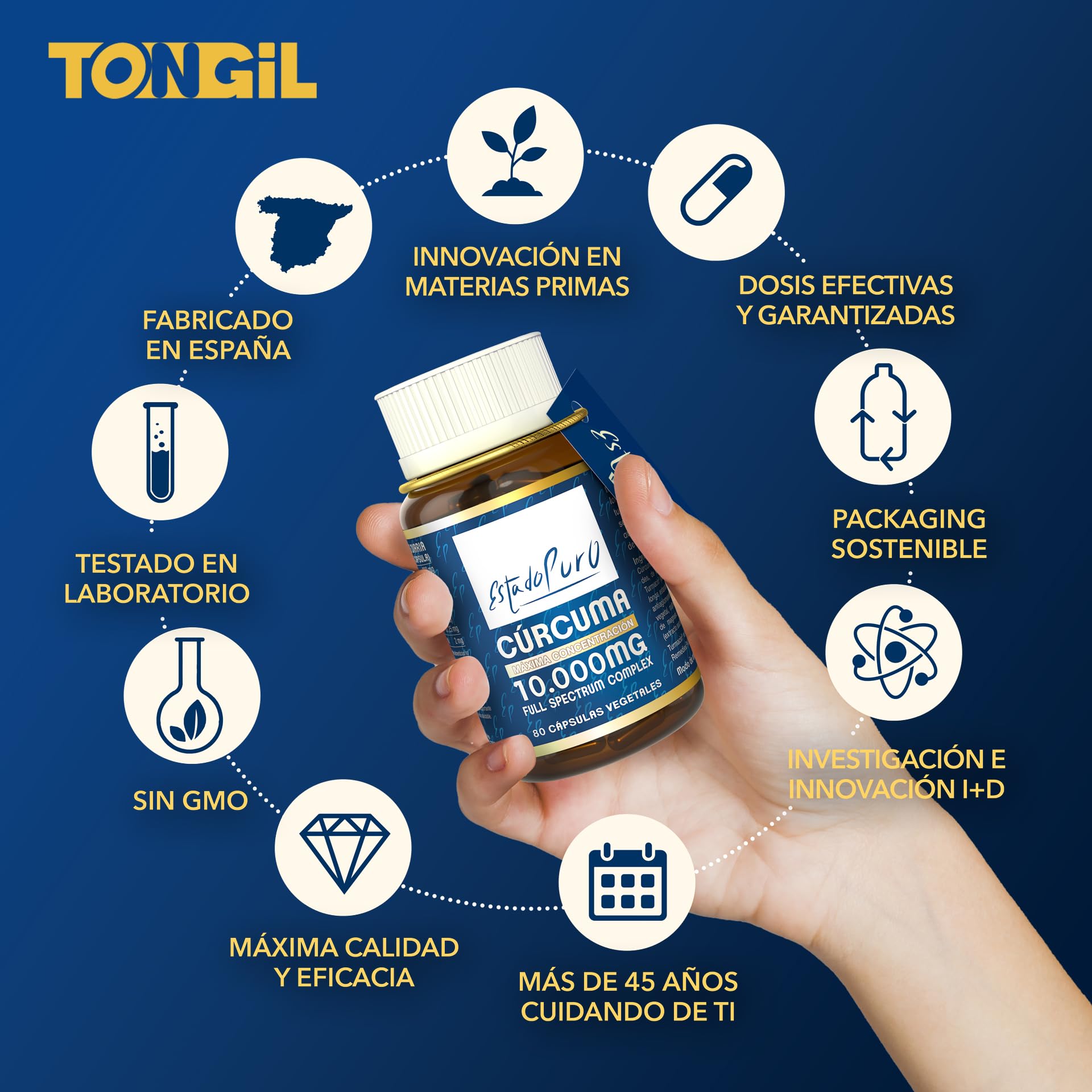 Estado Puro Cúrcuma 80 Cápsulas | Con Pimienta Negra | Alta Potencia 10.000 mg | Turmeric Complex con 3 Tipos de Curcumina | Tongil (Paquete de 1)
