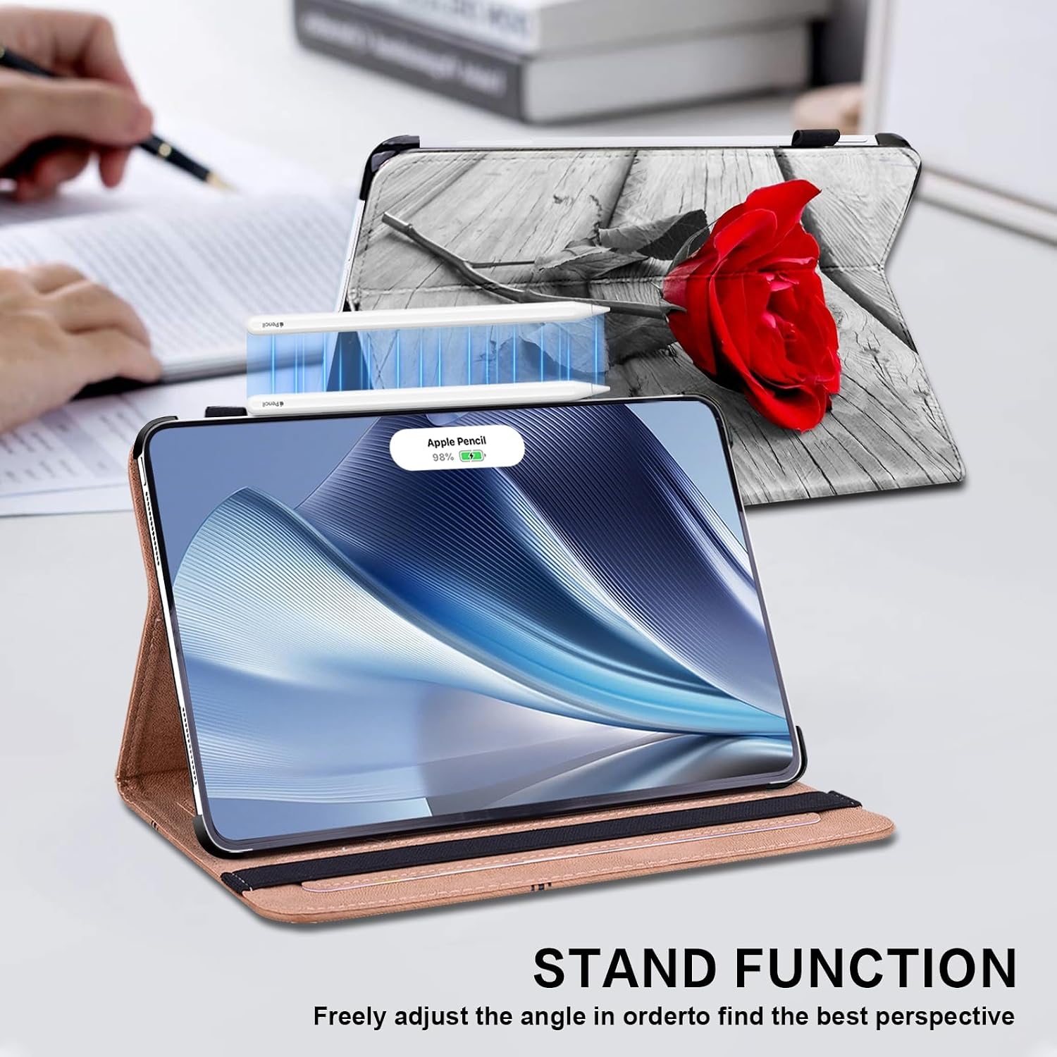Case for iPad Pro 13 Inch (M5) 2025/ (M4) 2024, Auto Wake/Sleep Multi-Angle Flip PU Leather Cover Case Supports Pencil Pro and Pencil(USB-C), Red Rose image 5
