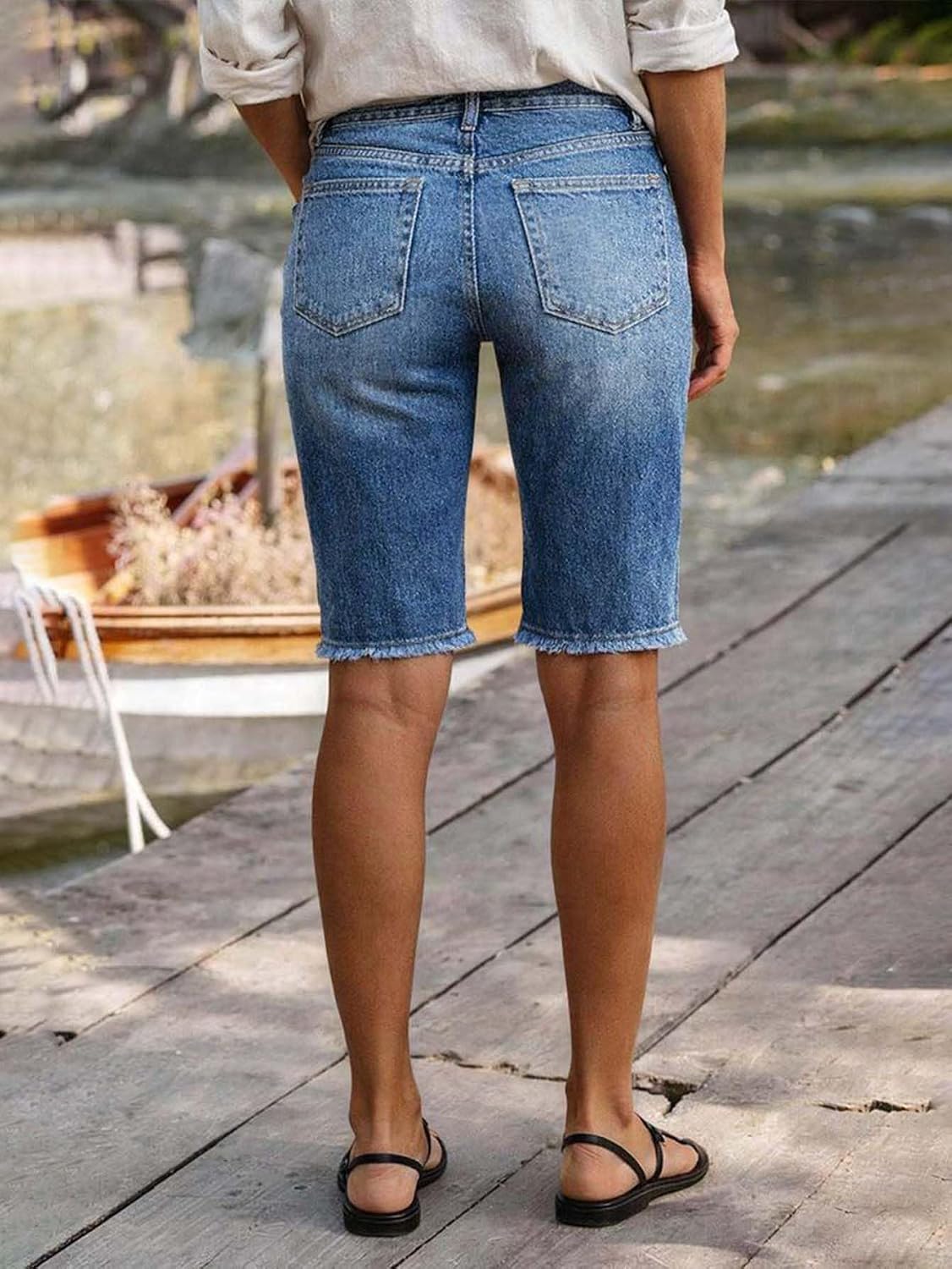 Flamingals Bermuda Shorts for Women Mid Rise Knee Length Embroidery Raw Hem Stretchy Jean Shorts Boho Casual Denim Shorts