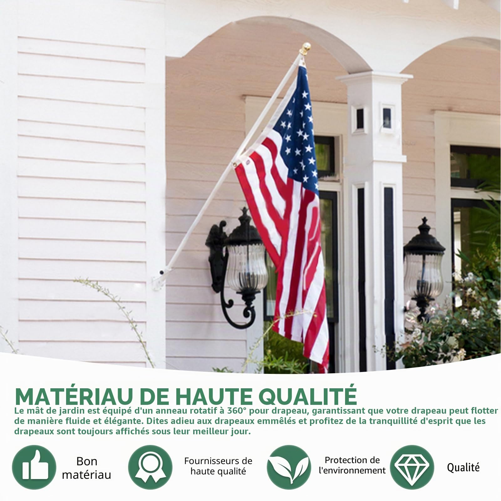 Mât de drapeau stable 1,5 m - En acier inoxydable et aluminium - Avec support de drapeau - Support mural - Pour la maison, le jardin, le balcon - Argenté
