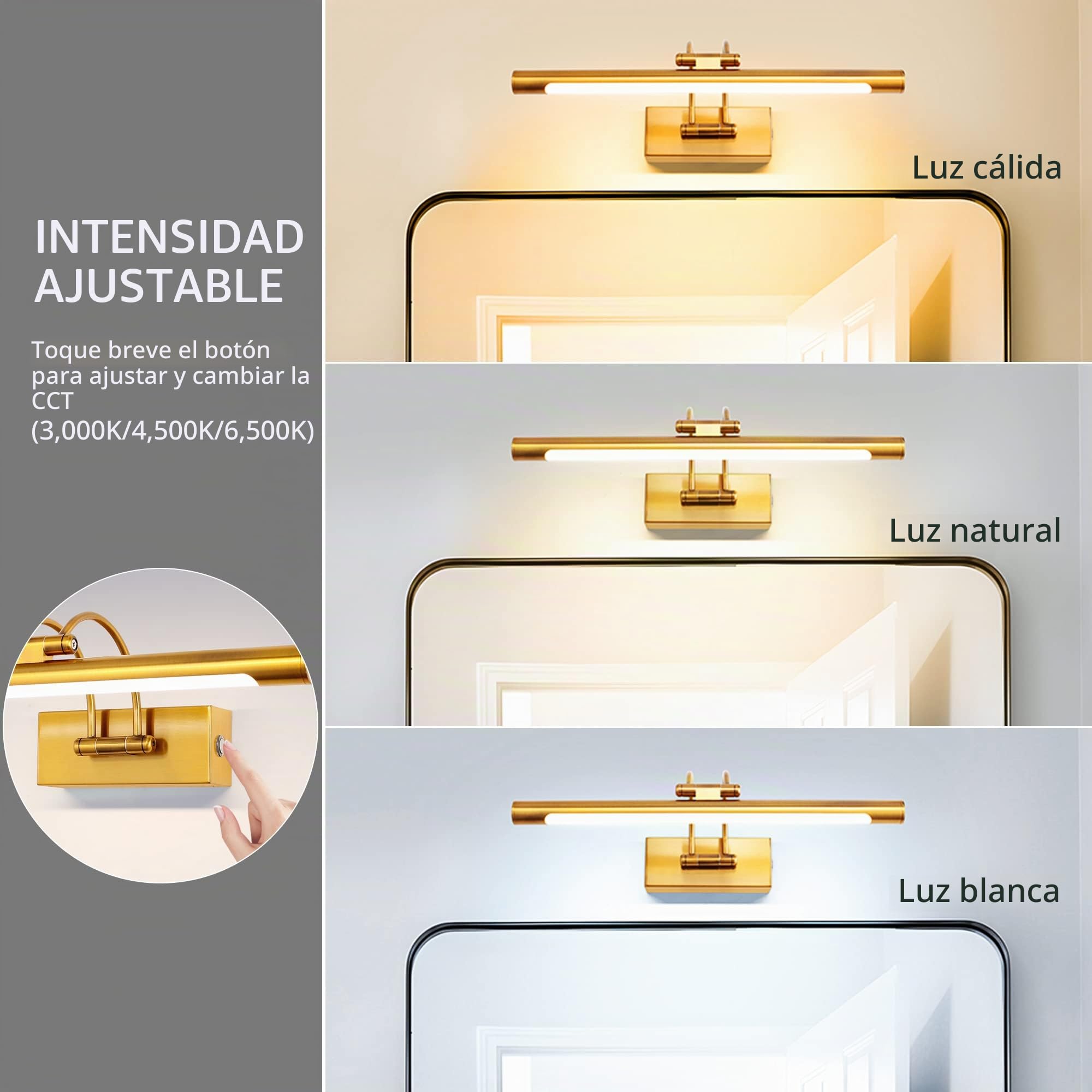 MantoLite LED Regulable Lámparas de Pared 10W,40CM Interior Iluminación para cuadros y expositores Cabeza Giratoria Lectura Lámpara,Latón Mate Baño Espejo Apliques de Pared 3000K/4000K/6000K