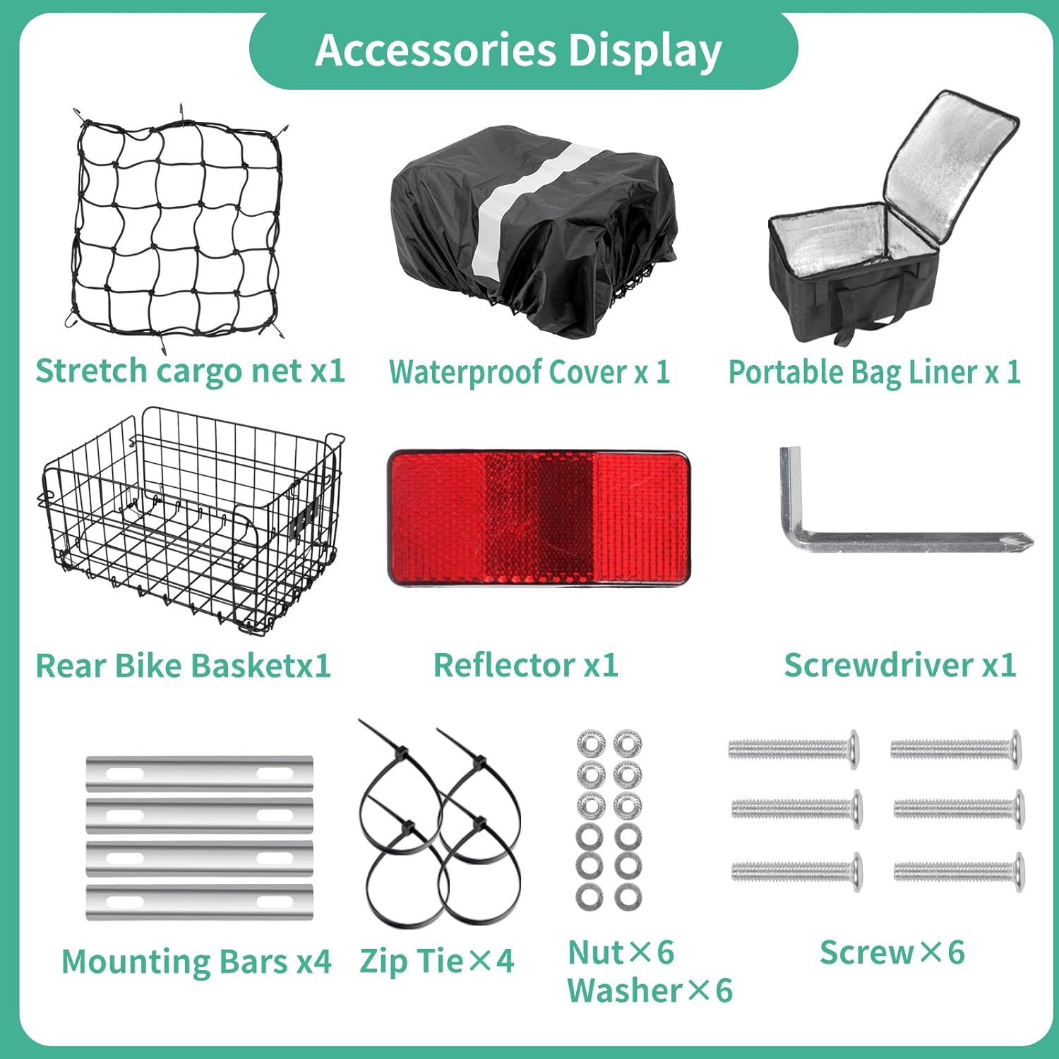 Rear Bike Basket with Foldable Design, 4mm Steel Frame, Waterproof Liner Bag & Cargo Net for Groceries and Commuting, Fits Most Rear Bike Racks