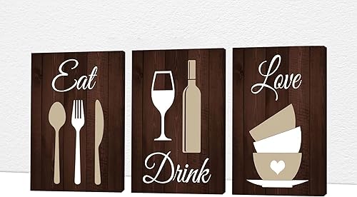 3 piezas de arte de pared en lienzo de cocina, cuadros de pared vintage para comedor, cocina, decoración de pared, cuchillos y tenedores, copas de