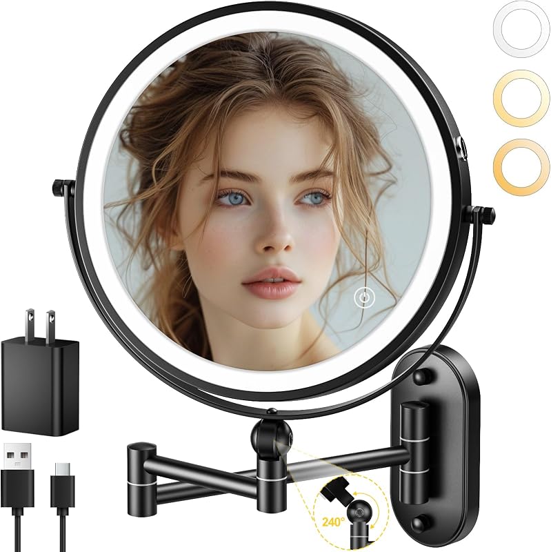 Espelho de maquiagem de parede IMIKONA com iluminação, dupla face 1X/10X, rotação de 360° e braço extensível