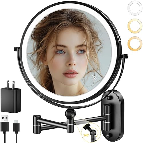 9" Wall Mounted Lighted Makeup Mirror,4000mAh Rechargeable Double Sided 1X/10X