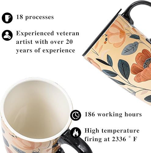 Miniatura 5 de Taza de café de viaje de cerámica con tapa para el hogar y la oficina, taza de té alta de porcelana de 17 onzas con mango de arte floral en caja