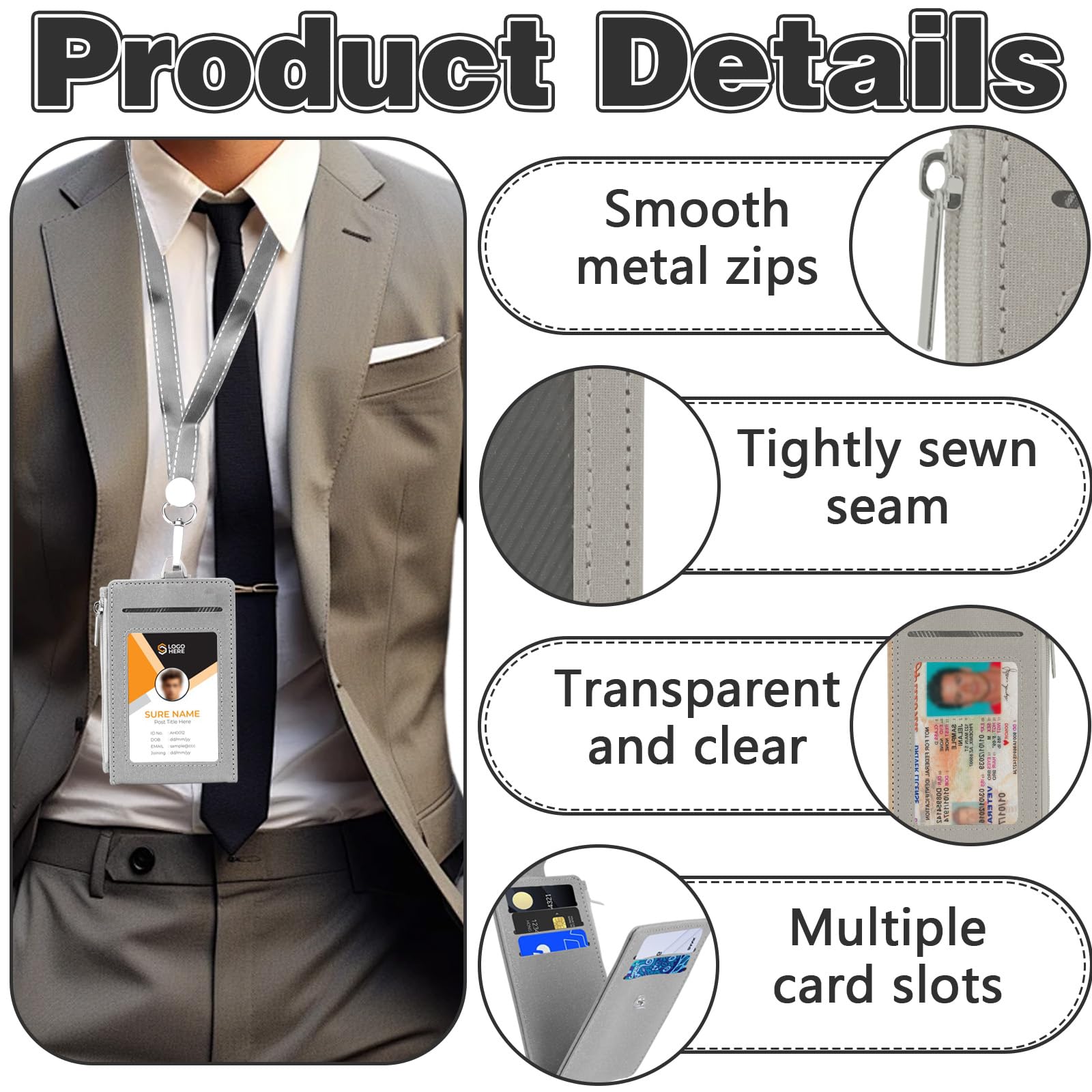 ID Badge Holder with Zip Pocket, Leather TD Card Holder with Lanyard - Image 4