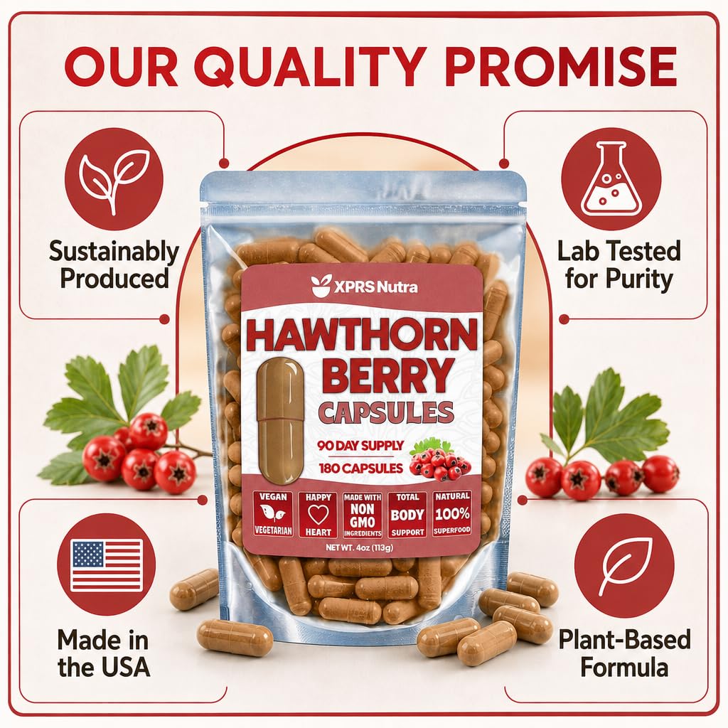 XPRS Nutra Hawthorn Berry Capsules - 180 Count (90 Day Supply) of Premium Hawthorne Berry Capsules for Cardiovascular Support - Vegan Friendly Hearth Health Supplement — Amazon image 5