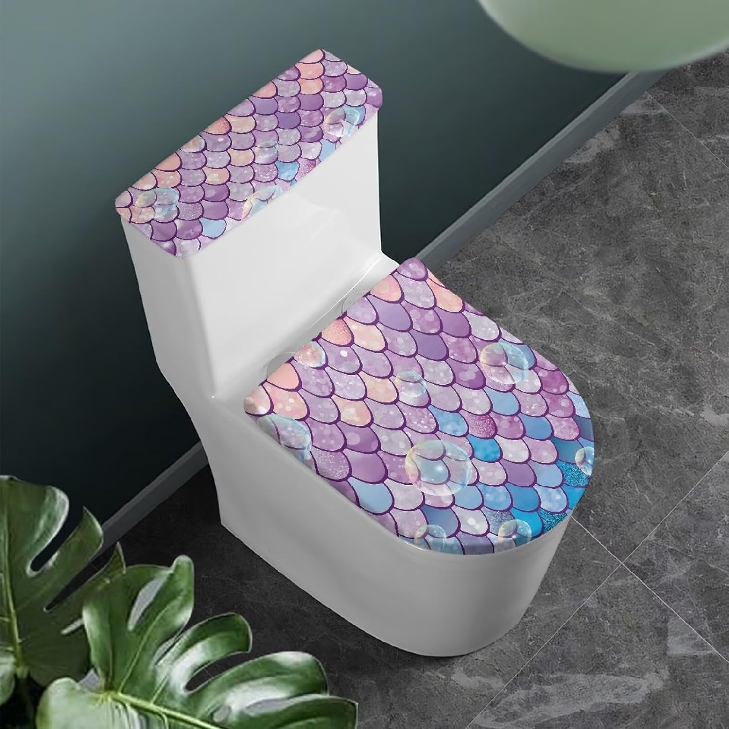 Colorful Mermaid Scales Toilet Lid Tank Lid Dust Cover Soft Plush Toilet Covers with Elastic Edge Fits Most Toilet Tanks & Lids for Bathroom Decor