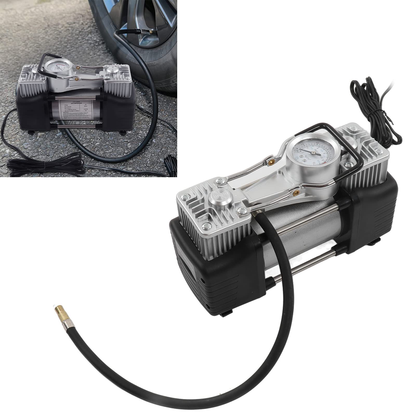 Do samochodów — przenośna pompka do opon i sprężarka powietrza, podwójny cylinder 150 PSI, 180 W DC 12 V z obudową ze stopu aluminium i mechanizmem z magnesami trwałymi wykonanymi