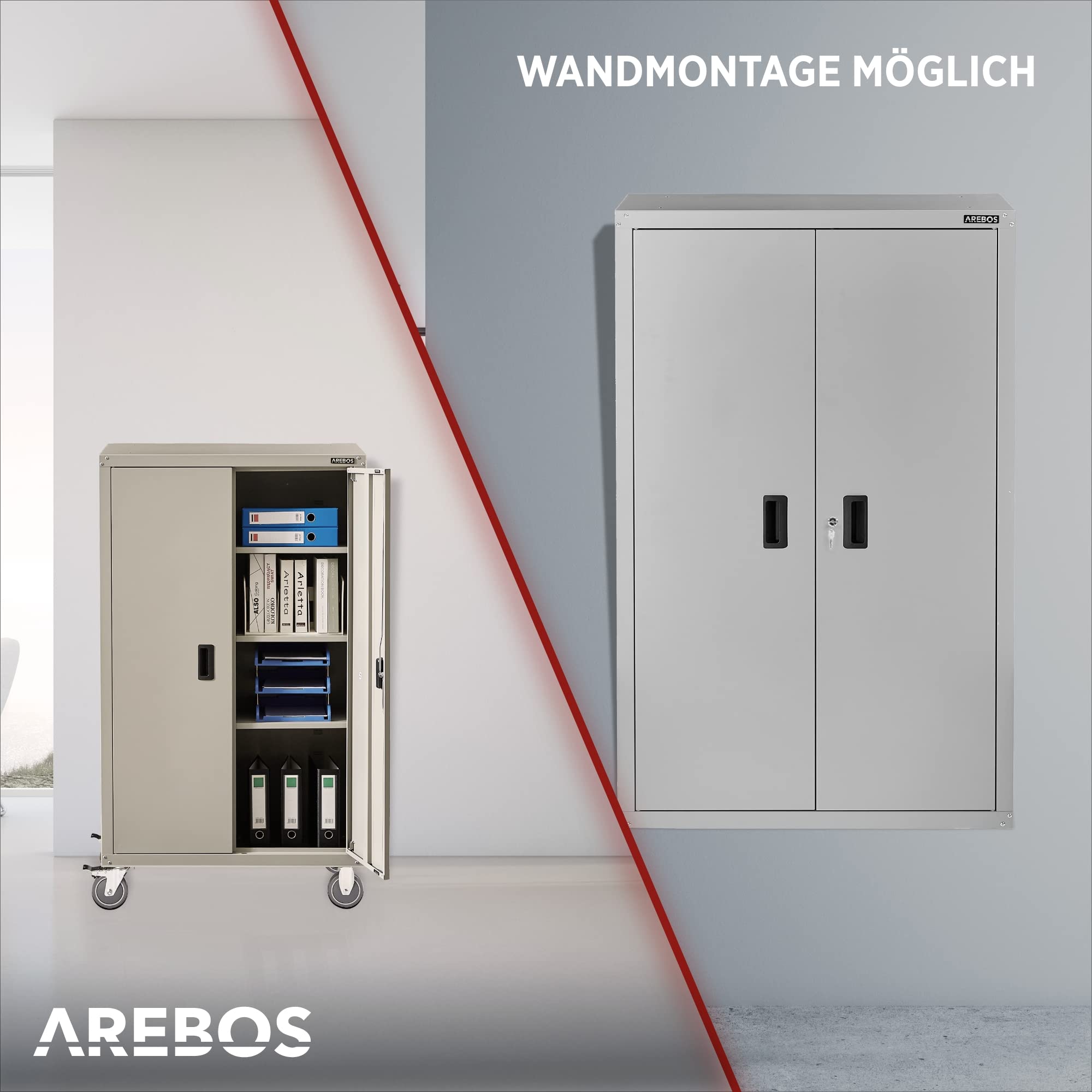 Arebos Aktenschrank | Büroschrank | inkl. 4 Rollen-Set | 155 x 90 x 40 | 2 Türen | mit 3 Höhenverstellbaren Einlegeböden | mit Zylinderschloss | Grau