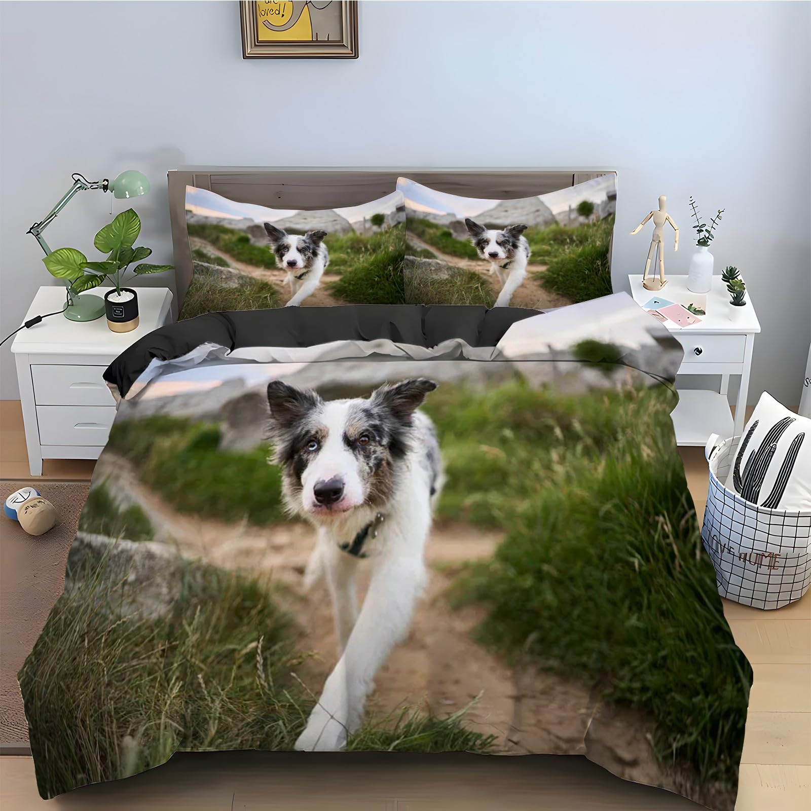 Parure de Lit 3 Pièces Chien De Berger Housse Couette 220x240 Fermeture Éclair