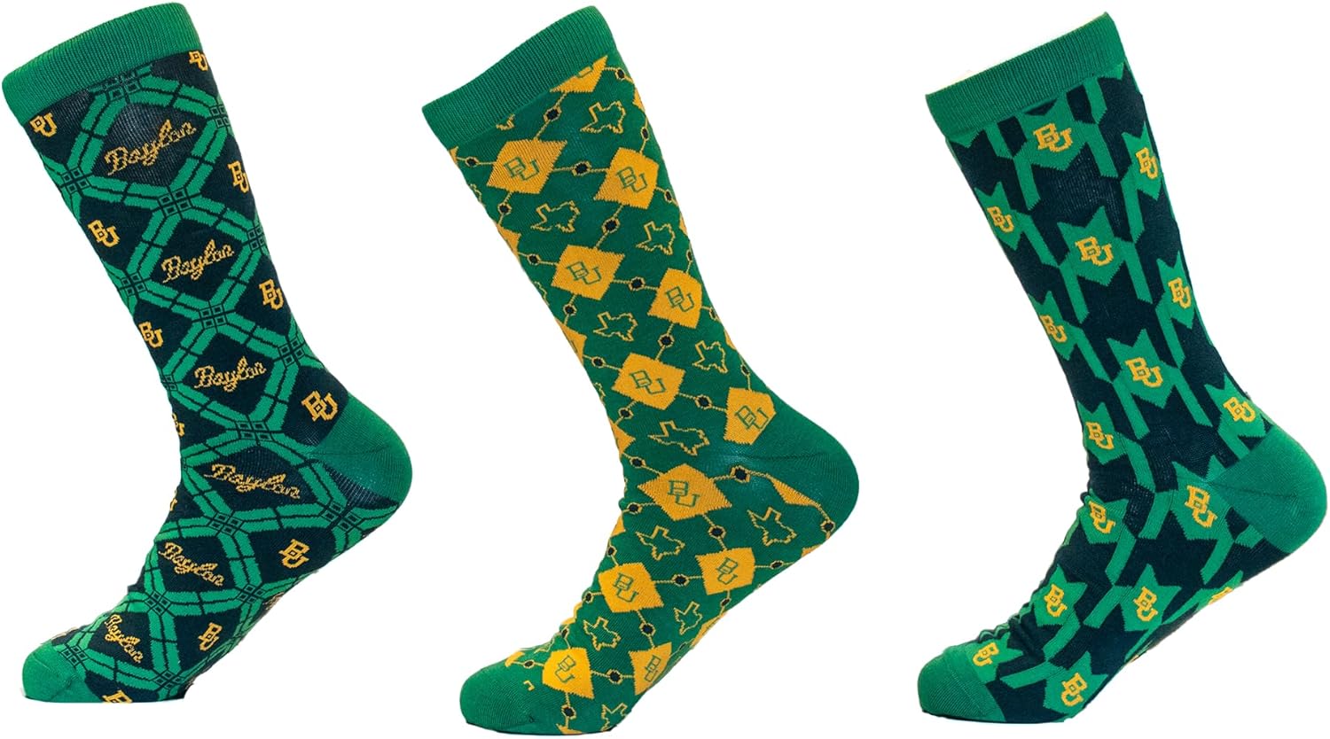 William & Lauren Baylor University Unisex Sock Bundle – Soft Cotton Blend Dress Socks 3-Pack, Green & Gold