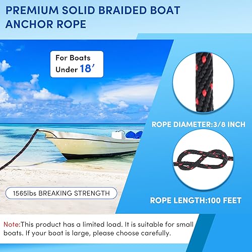 Vista 169 de Cuerda de anclaje premium de 100 pies x 3/8 pulgadas, cuerda marina de línea de anclaje MFP trenzada sólida con dedal y grillete, color negro