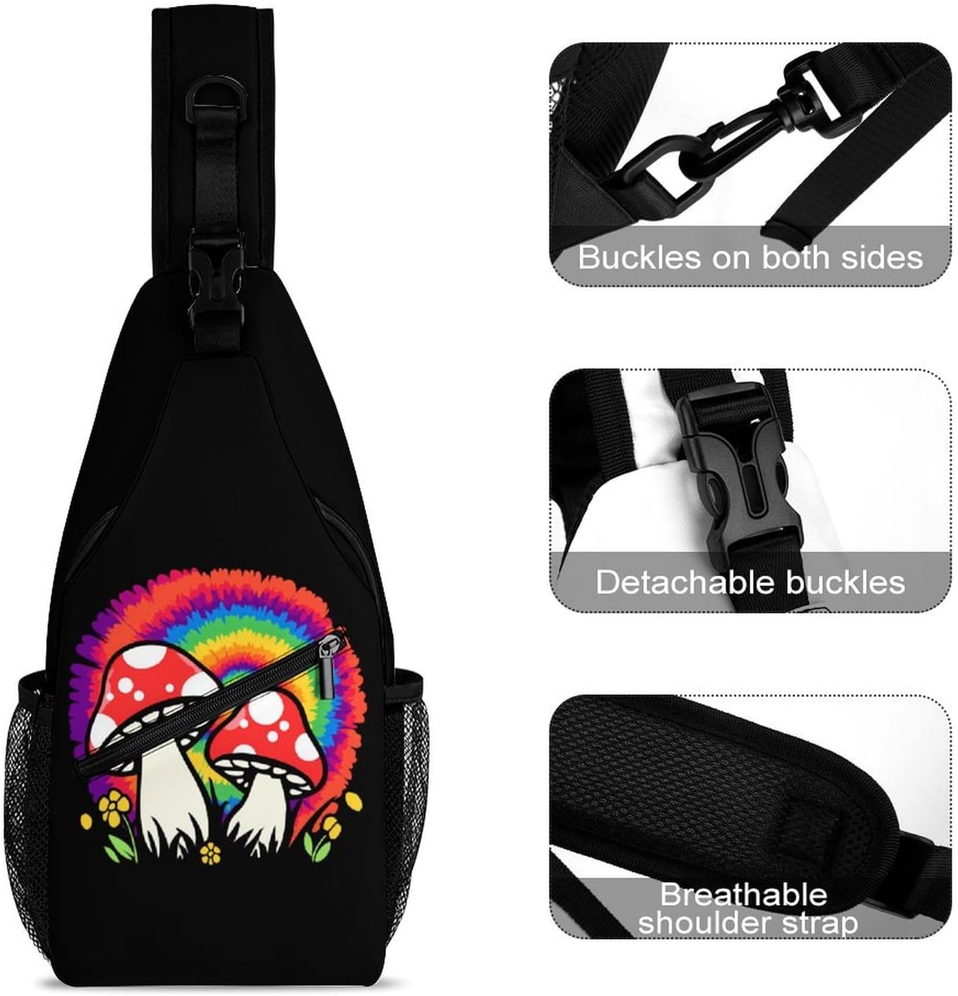 Tie Dye Mushroom Men Crossbody Sling Backpack Chest Bag | Travel Fanny Pack,Hiking Daypack,Print Shoulder Bags