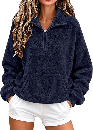 Shiketong Women's Fleece Quarter Zip Pullover Mock Neck Sherpa Jackets Navy