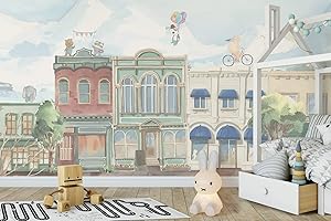 Murwall Kids Wallpaper Village: Playful Cartoon Animals in Watercolor