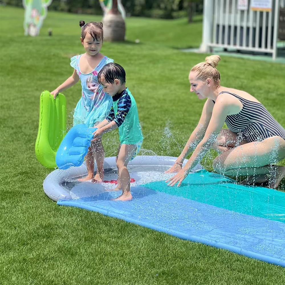 Wasserrutsche Garten 550x145cm aufblasbar mit 2 Bodyboards eingebautem Sprinkler Hai-Stil