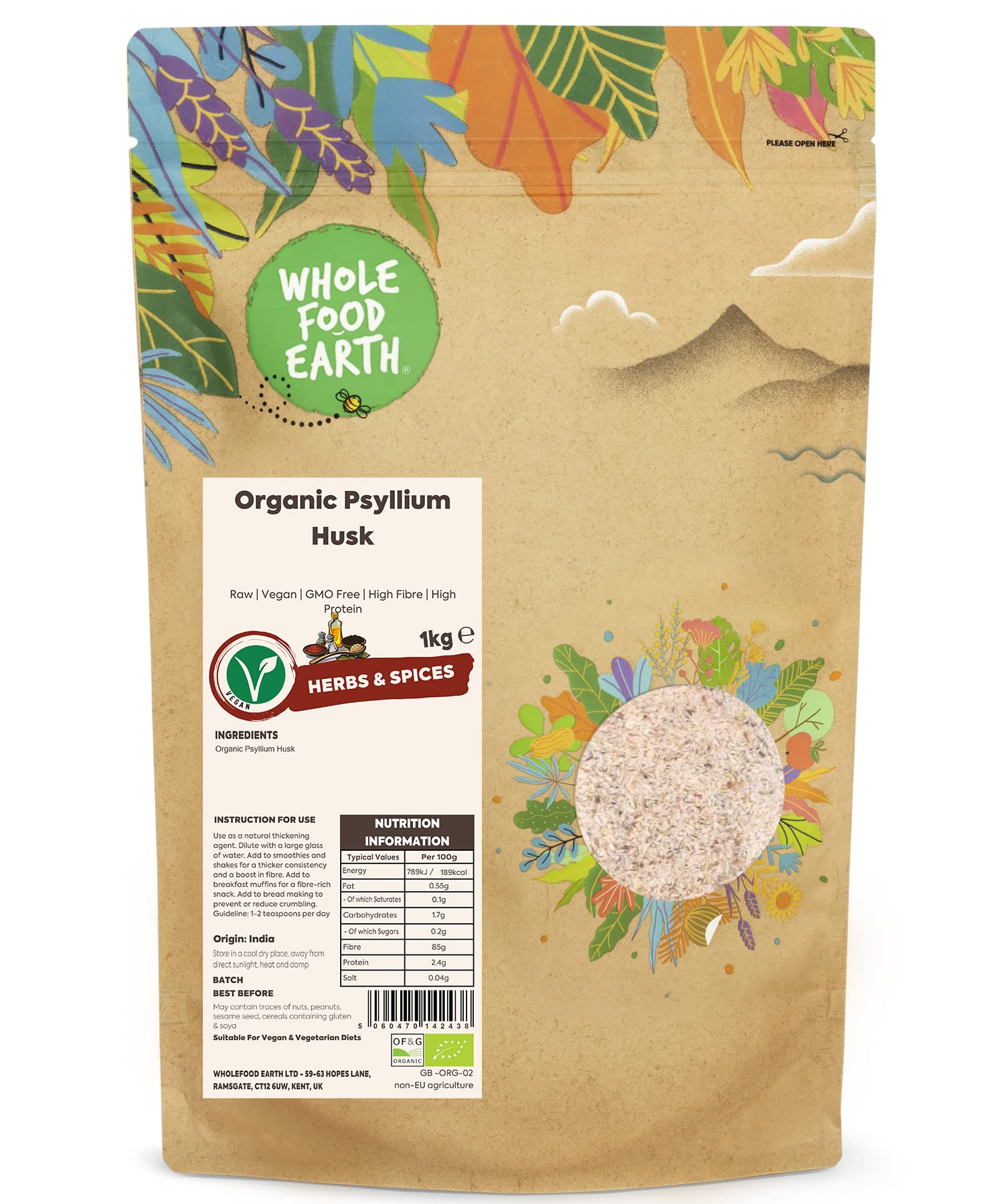 Wholefood Earth Organic Psyllium Husk 1kg Raw | Vegan | GMO Free | High Fibre | High Protein | Certified OrganicEU Organic