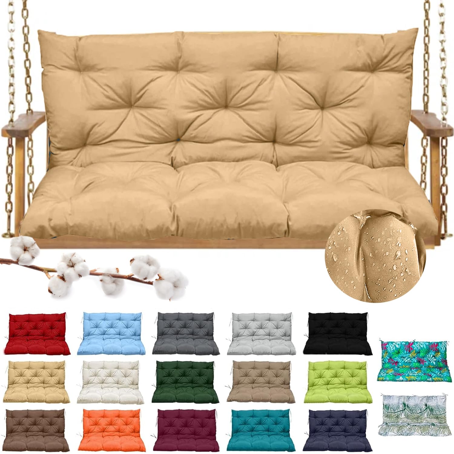 Swing Replacement Cushions, Swing Cushions 3 Seater Replacement, 2-3 Seater Bench Cushions for Porch Swing Cushions Outdoor, Waterproof Garden Recliner Seat Cushions (60x40in, Beige)