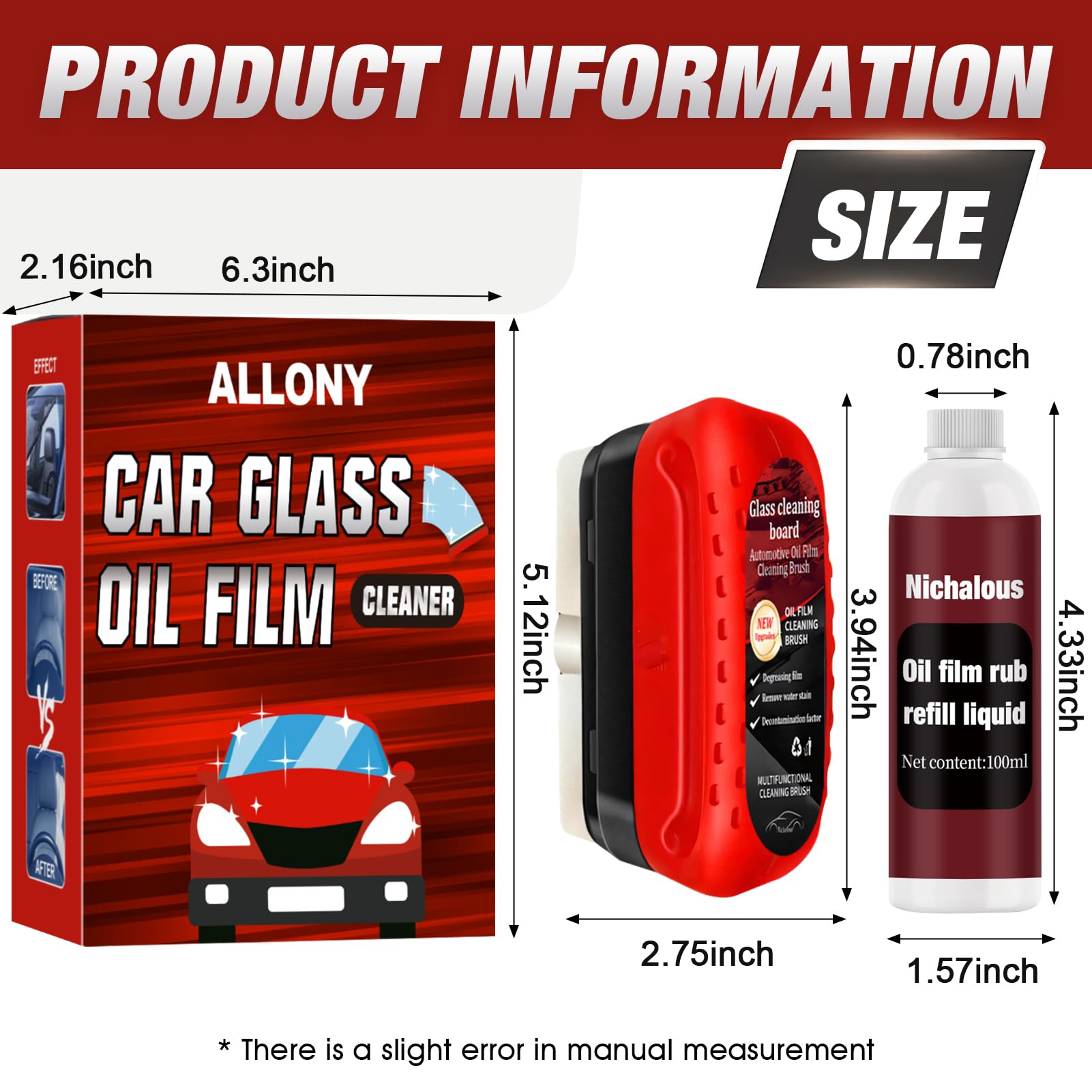 ALLONY Glass Cleaning Board, 120ml Clear view Parebrise, Nettoyant Pare Brise Voiture, Film Oléophobe pour Vitres D'automobiles, Nettoyant Vitre Voiture y 100ml Recharges