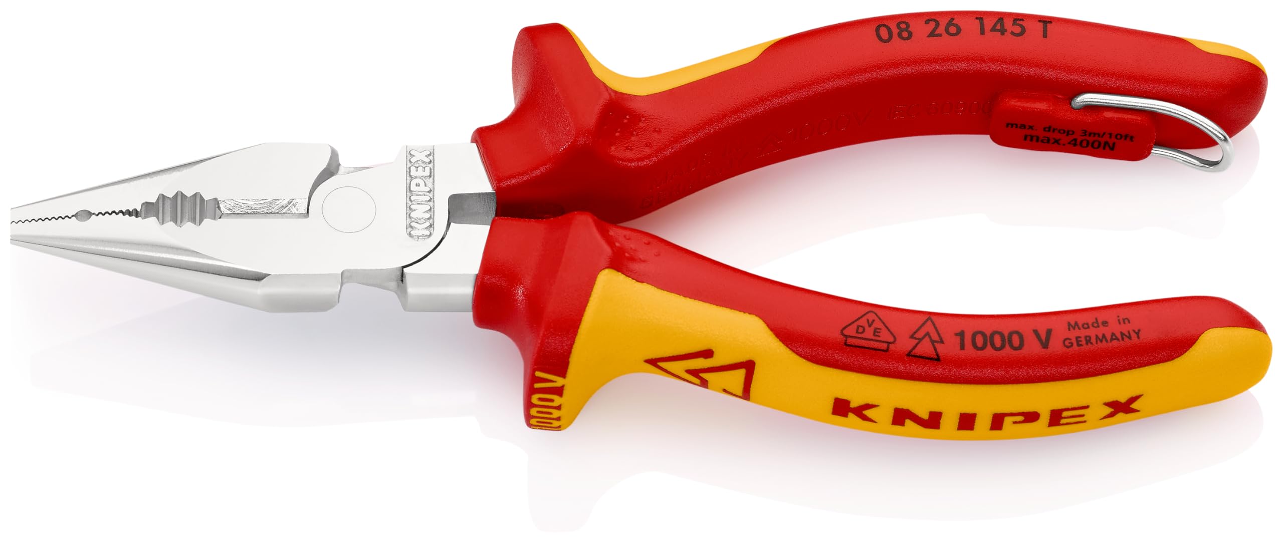 KNIPEX Alicate universal en punta en blister cromado Aislado con fundas multicomponente, homologado por VDE; con anilla de fijación, 08 26 145 T BK | Con fundas multicomponentes, aprobado por VDE; con ojal de fijación aislado integrado para fijar un prote