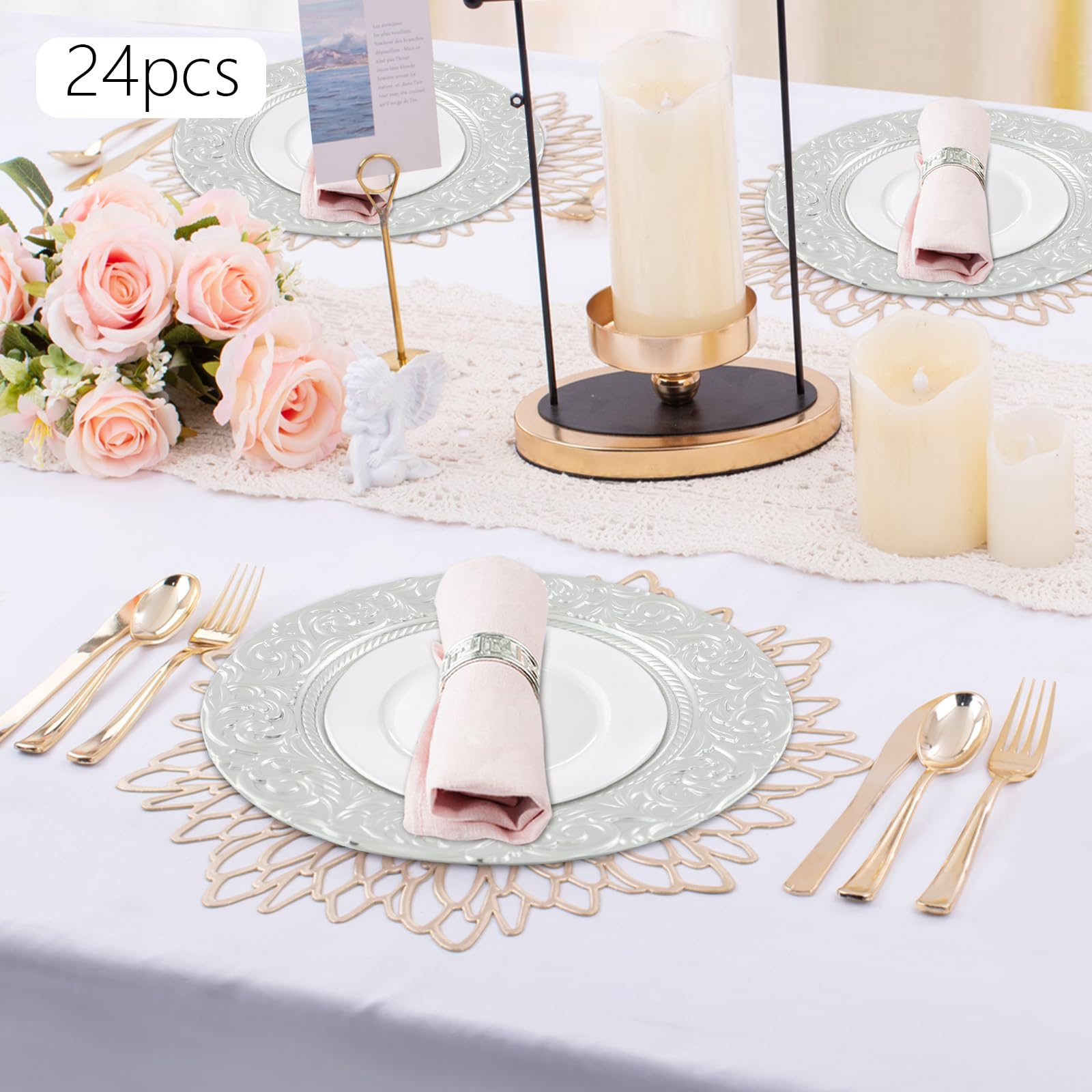 Set di 24 piatti grandi, diametro 33 cm, con bordo decorato, riutilizzabili, per feste, buffet, Natale, matrimoni, catering, grigliate e ristoranti (argento)