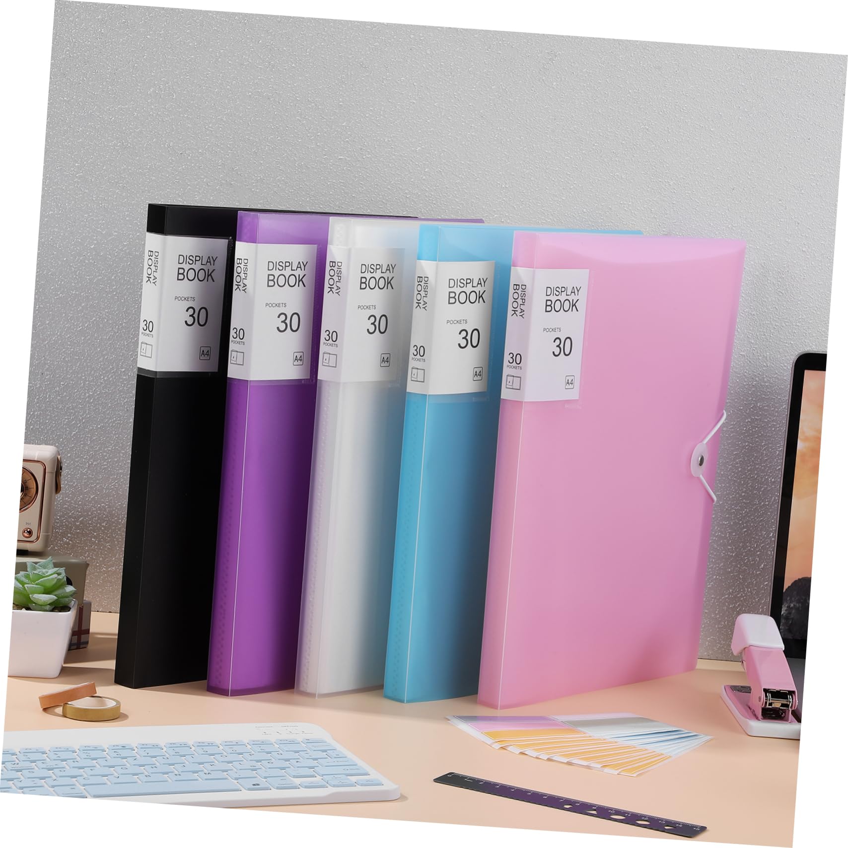 Tofficu 5 Stück A4 Präsentationsmappen mit Klarsichthüllen aus Pp Großer Kapazität und Elastischem Gummiband Inklusive Aufklebern zur Sicheren und Einfachen Ordnerorganisation im Büro