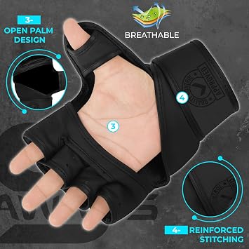 SAWANS MMA Gloves Boxing Training Sparring Fight Grappling Mitts Martial Arts Open Palm faux leather for Kickboxing Punching Bag Muay Thai Cage Fighting