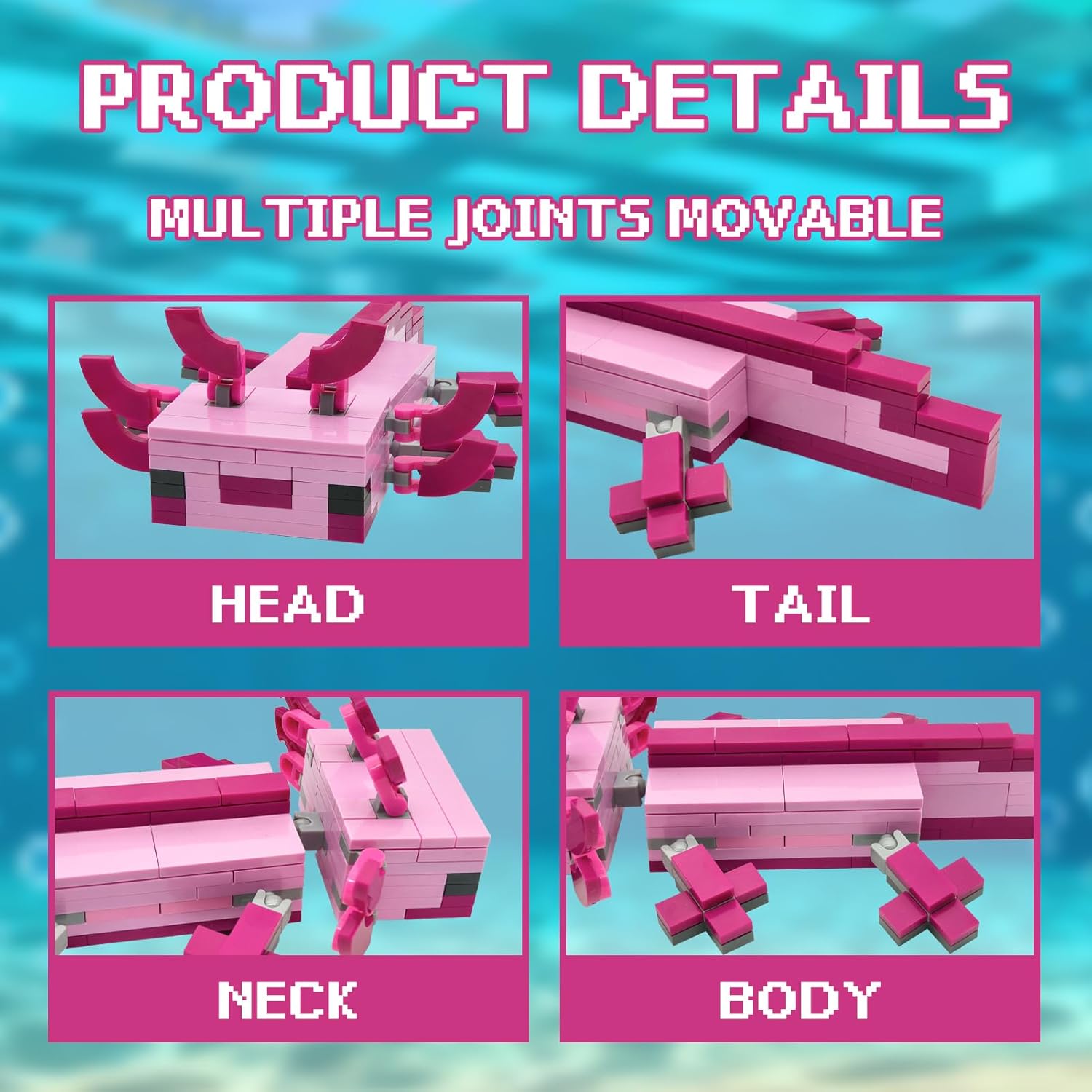 Pink Axolotl Building Block Set, Compatible with Lego 630 Accessory, Pixel Style Axolotl Animal Building Set, Best Gift for Kids, 4+, 164Pcs