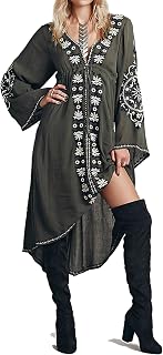RVivimos Women's V-Neck Bell Sleeve Vintage Floral Embroidered High-Low Boho Dress