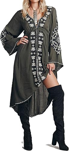 R.Vivimos Vestidos largos para mujer con cuello en V, mangas acampanadas, bordado floral vintage y dobladillo alto-bajo