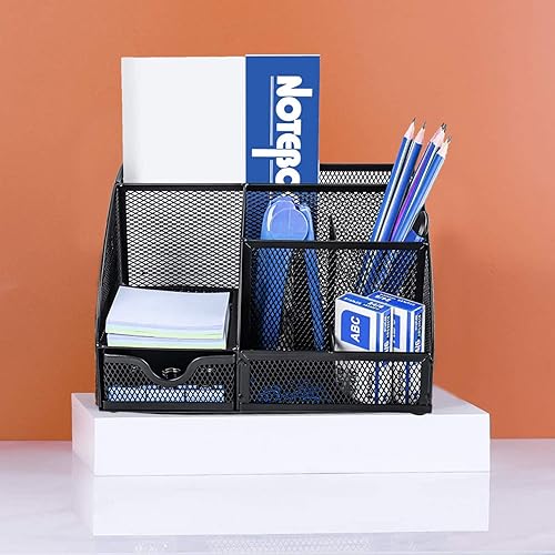 Miniatura 7 de Refand - Organizador de escritorio de malla suministros de oficina de escritorio multifuncional soporte para bolígrafos con 6 compartimentos y 1