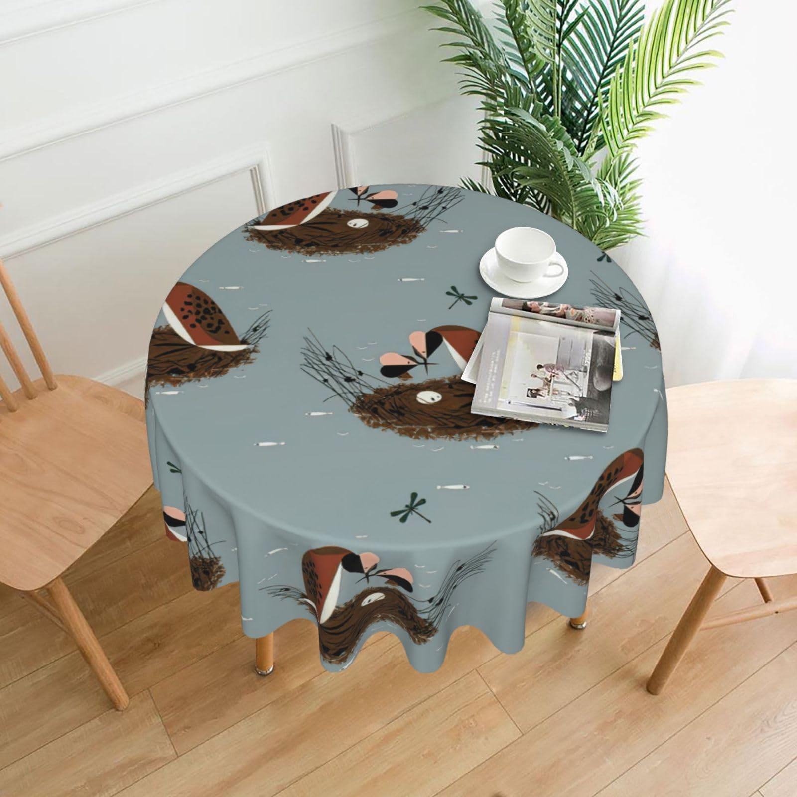 SDEGTHO Bird dragonfly pattern Print Modern Retro Round Tablecloth 60in Polyester Fabric Cover for Party Dining Table Washable