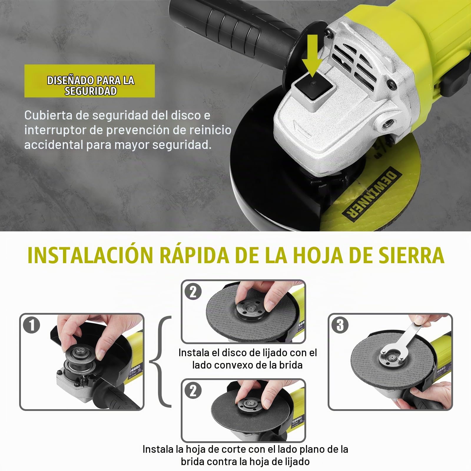 DEWINNER Amoladora angular 850 W, 220-240 V, 6 discos de amoladora angular de corte, 115 mm, cubierta de protección, con mango adicional herramienta de pulido de corte