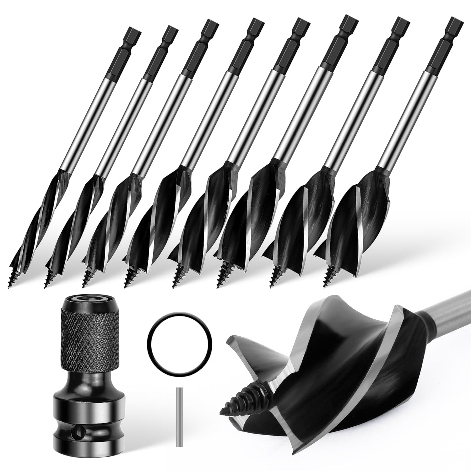9 Piezas Juego de Brocas Madera (10/16/18/20/22/25/32/35mm) Juego de Brocas Profesional de 4 Filos y 4 Ranuras,Broca Madera Auto-Perforantede Conversión para Posicionamiento, para Perforar Maderas