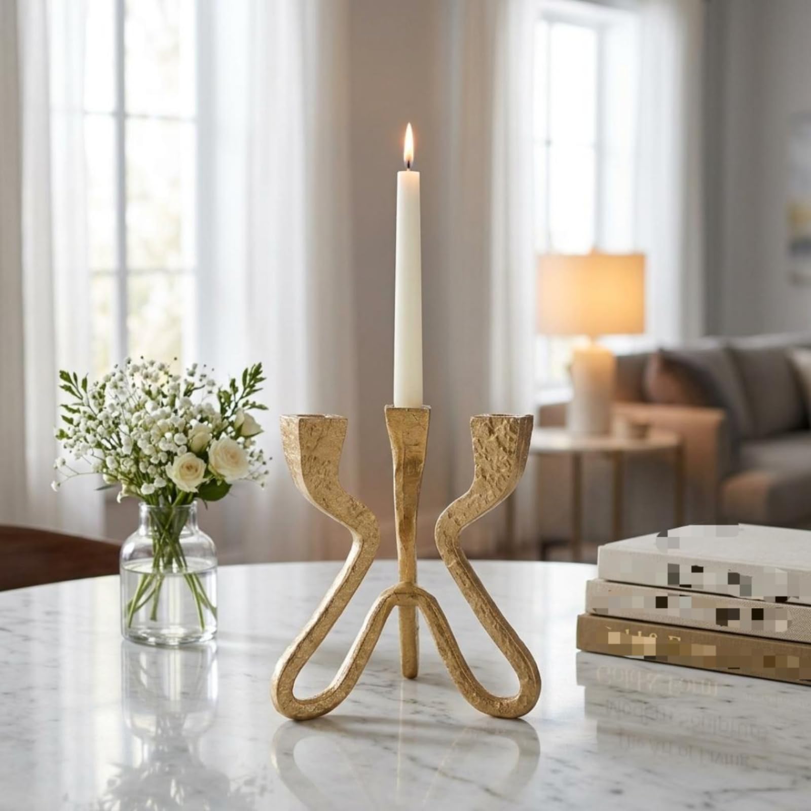 predolo Holder Portacandele Scultoreo Candeliere Astratto Supporto Tre Candele Struttura Aperta Resina Testurizzata Finitura Adatto a Mensole Camini Tavoli Sala da Pranzo Soggiorno, Oro