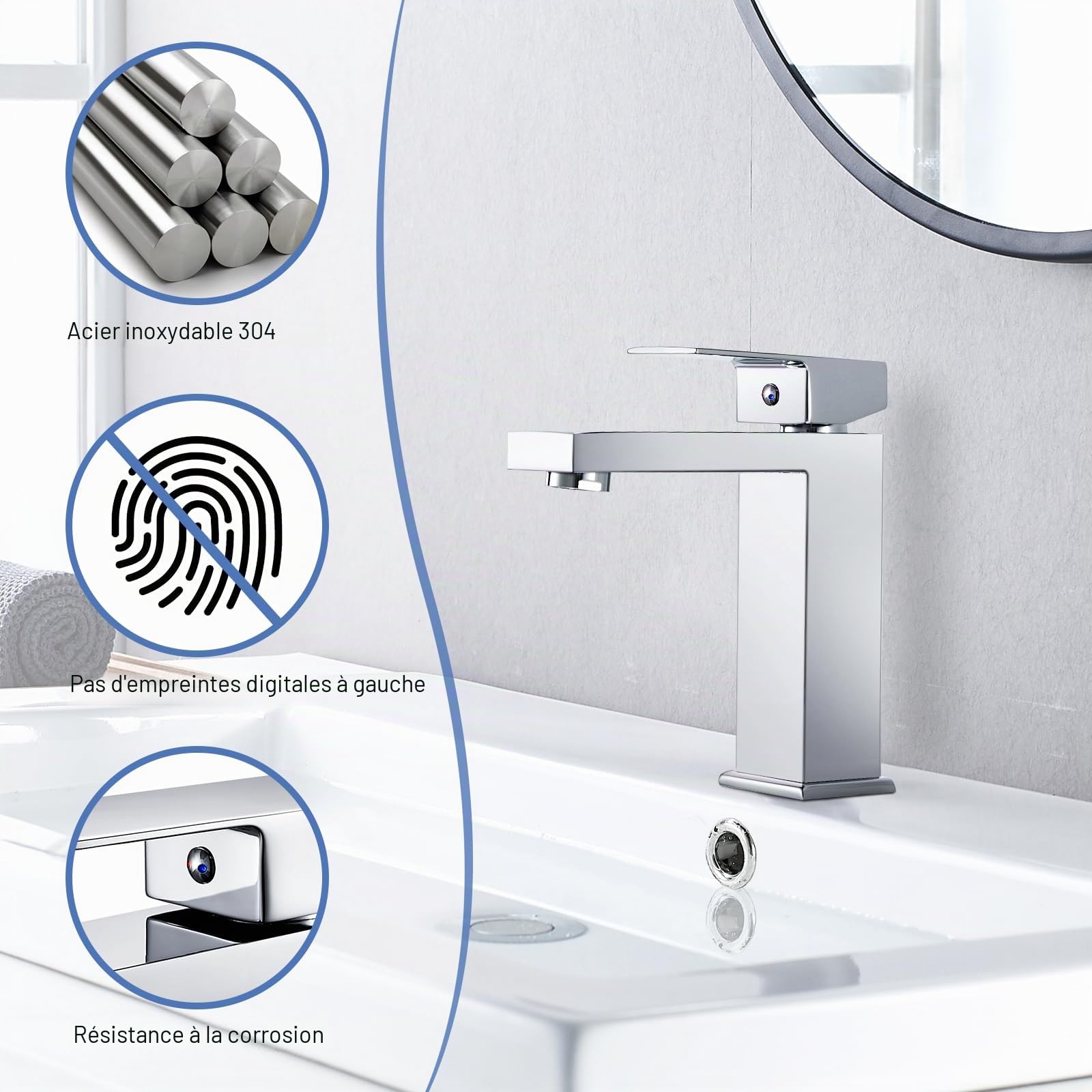 Mitigeur de lavabo carré chromé avec bonde pop-up Mitigeur monocommande pour salle de bain