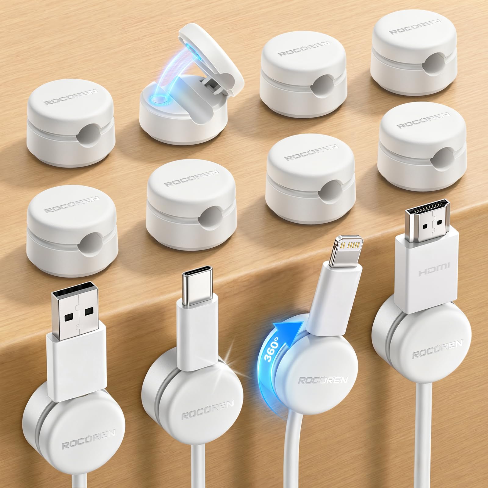 Rocoren Kabelhalter Selbstklebend Magnetische Kabelclips, 12 Stück, Weiß | 360° Drehbar, Rückstandsfreier Starker Kleber, für Ladekabel, HDMI, Kabel