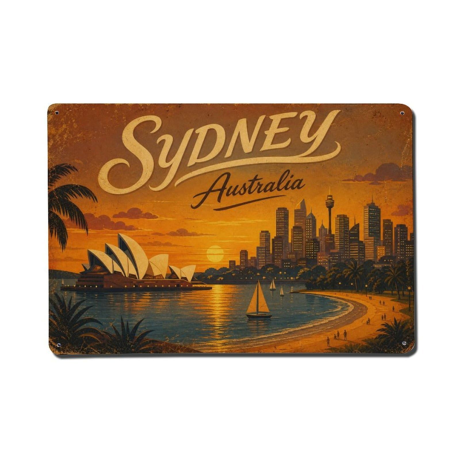 Retro Sydney Australia Coastal Dusk Harbor Travel Metal Tin Sign
