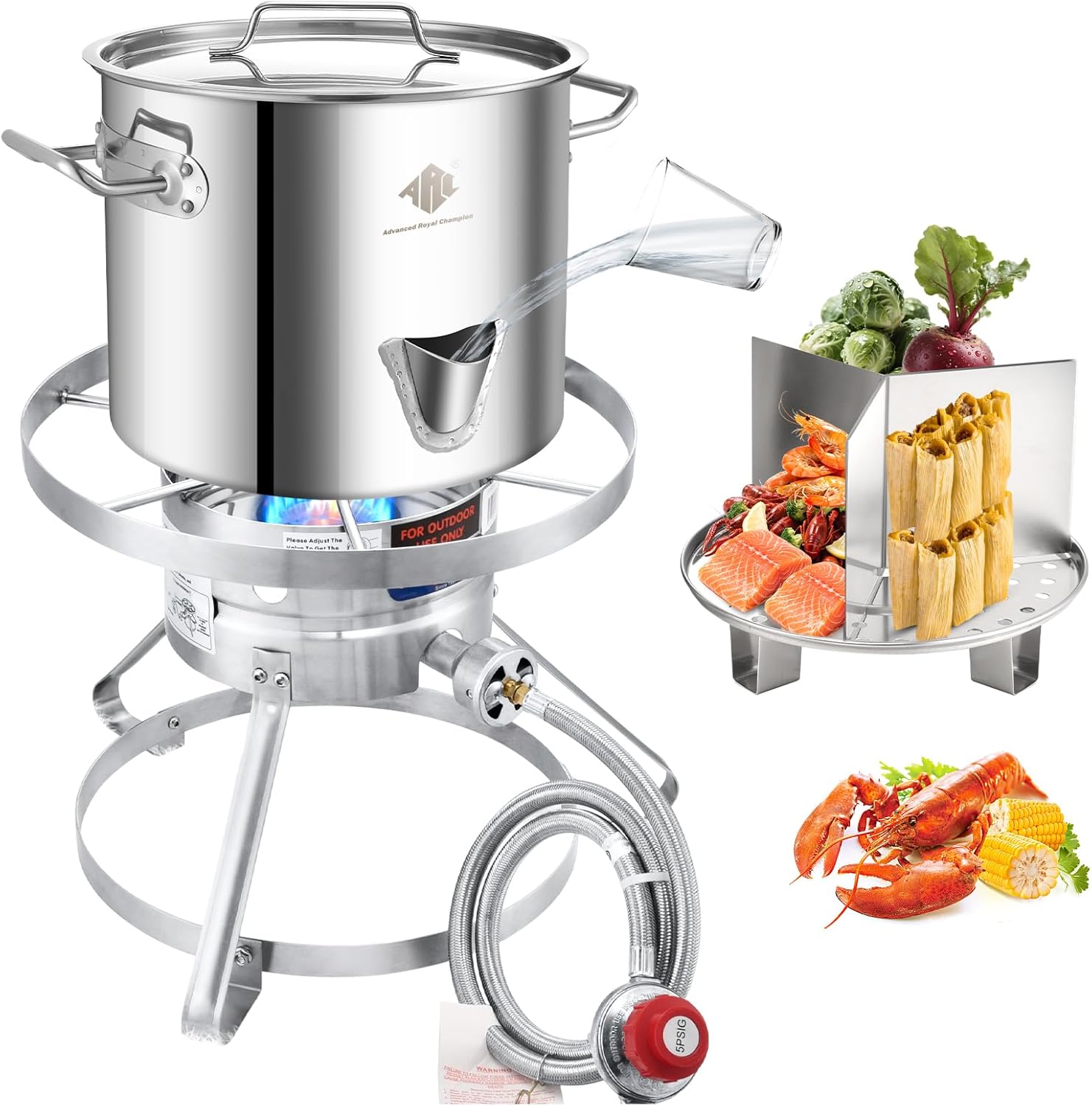 ARC Steaming Kit，37,000BT Utainless Steel Single Burner Propane Stove，Steamer Pot w/Easy-fill Water Spout, Divider and Steamer Rack, Seafood Crab-Vegetable-Vaporeras para Tamale Steaming, Outdoor Cooking (20QT)