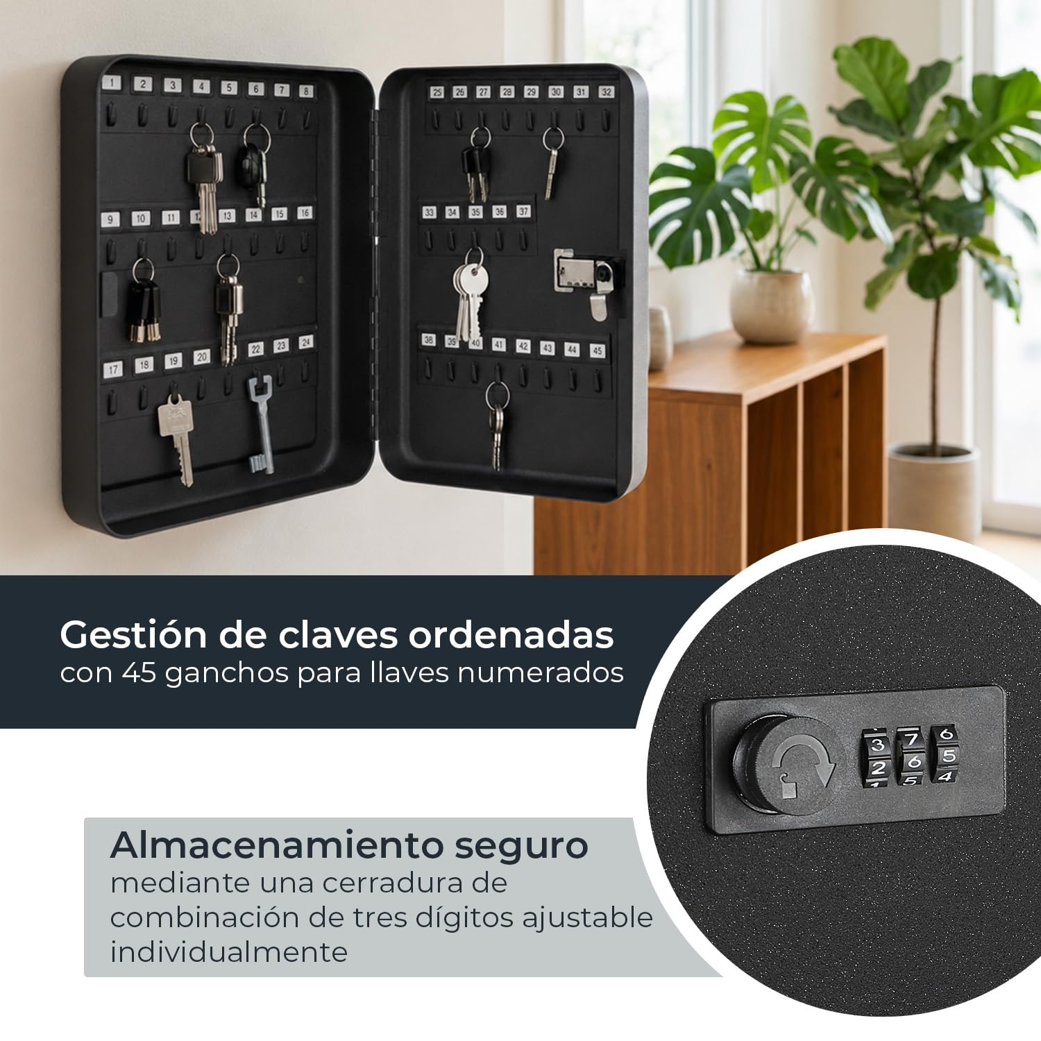 HMF Caja para Llaves Grande de Acero, Armario para Llaves con código numérico para Pasillo, despacho o Garaje | 45 Ganchos | 30 x 24 x 7,5 cm | Negro