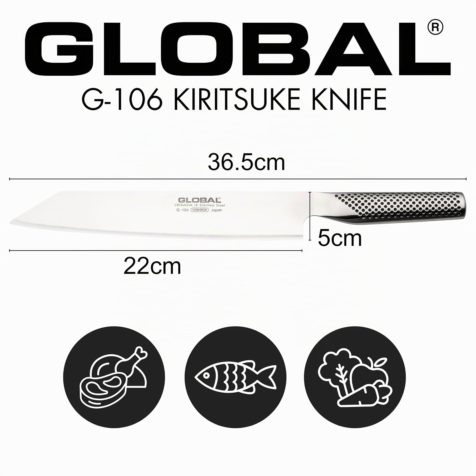 Global G 106 Kiritsuke. Coltello da cucina orientale, adatto a tutte le lavorazioni del pesce. Ideale per Sushi-sashimi. Lunghezza lama centimetri 24